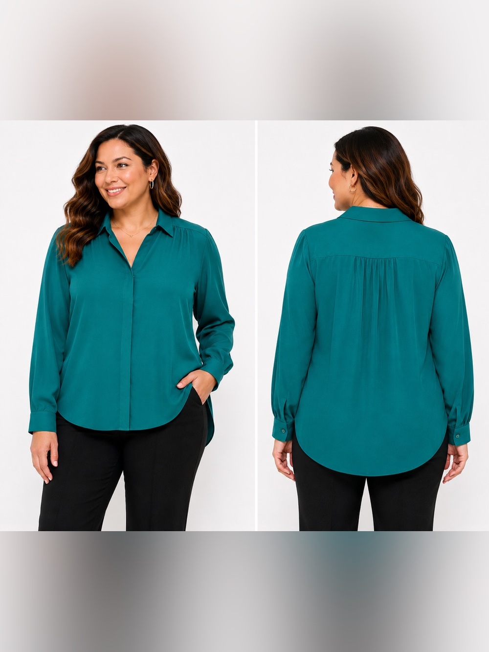 Dana Buchman Blue/ Green Hidden Button Hi-Low Blouse‎ Size Large